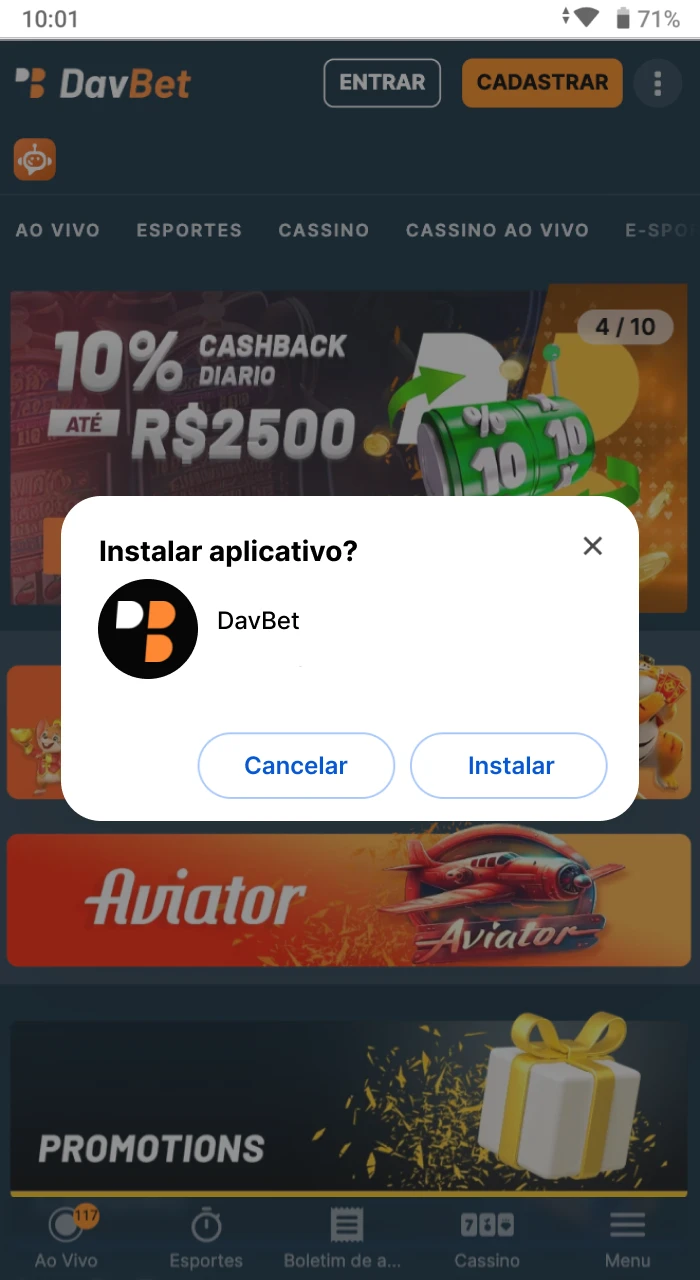 Instalacao do aplicativo do cassino on-line DavBet no telefone Android.