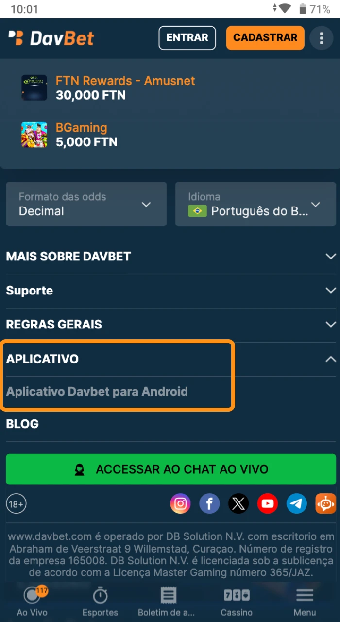 Onde encontrar o botao para baixar o aplicativo movel do cassino on-line DavBet para o seu telefone Android.