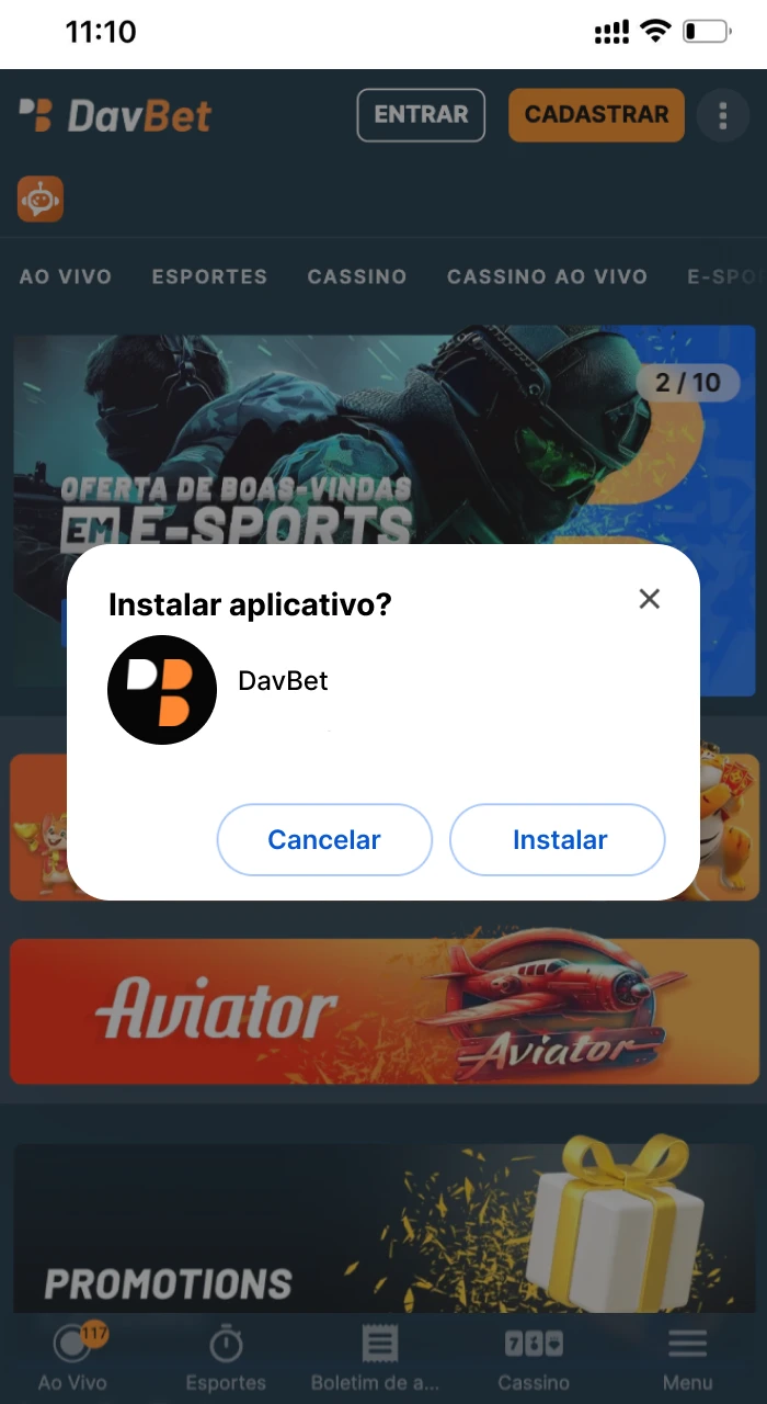 Instalando o aplicativo do cassino on-line DavBet no telefone iOS.