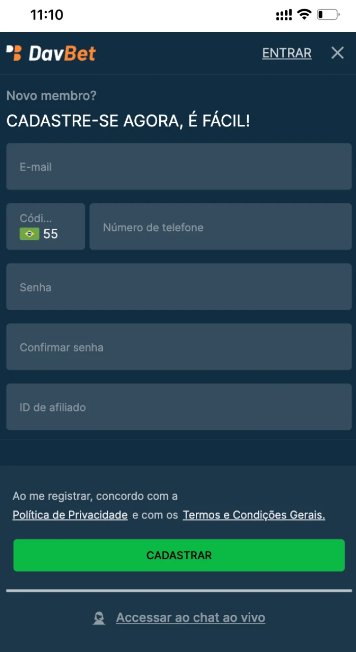 Formulario de registro no cassino online DavBet no celular iOS.