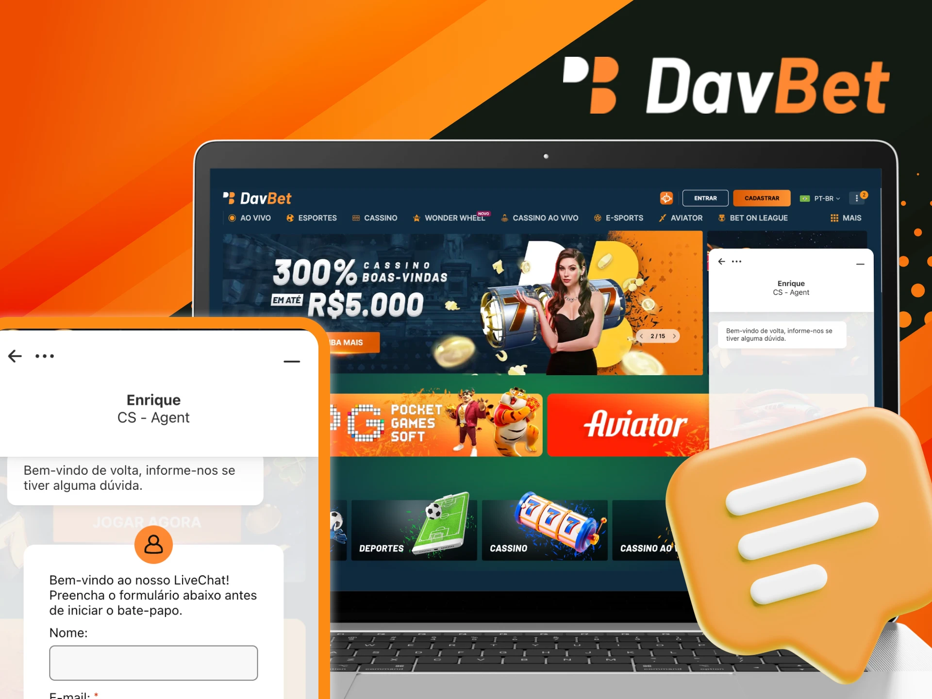 Existe chat online no site do cassino online DavBet.