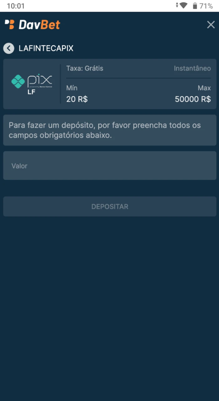 Para fazer um deposito no site do cassino on-line DavBet no sistema de pagamento selecionado, e necessario preencher um formulario.