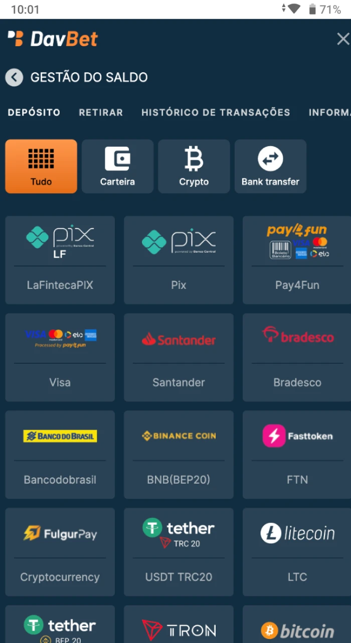 Posso escolher um sistema de pagamento para o meu deposito no site do cassino on-line DavBet.