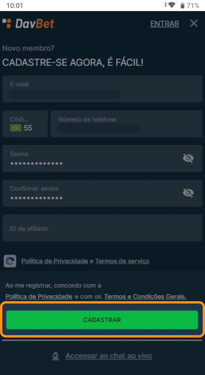 Depois de preencher o formulario de registro no site do cassino on-line DavBet, o jogador deve completar o processo de registro.