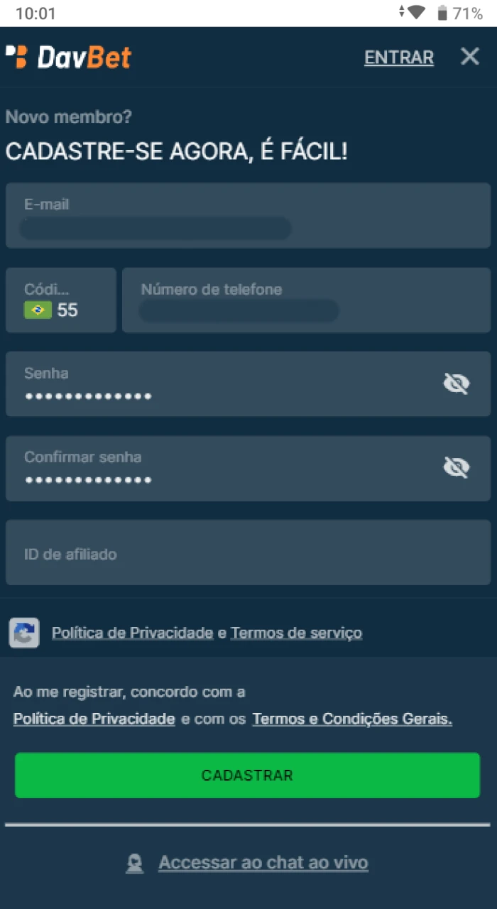 Os usuarios precisam preencher o formulario de registro no site do cassino online DavBet.