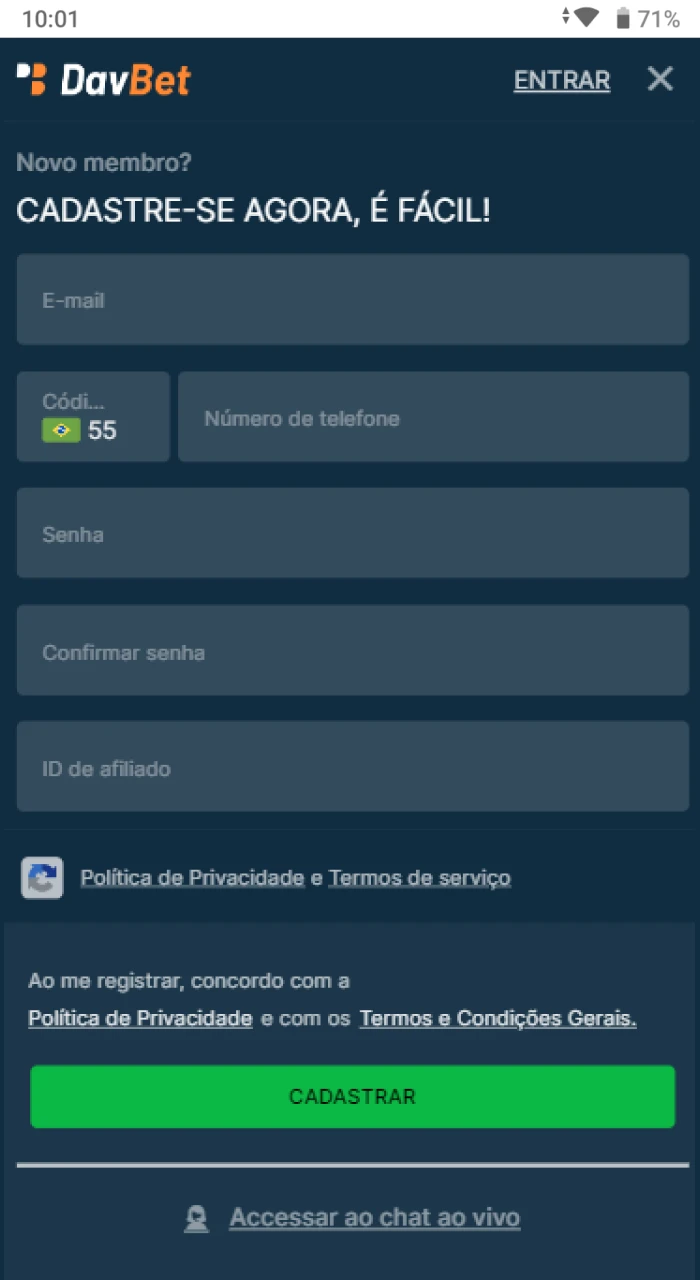 Formulario de registro no site do cassino online DavBet.