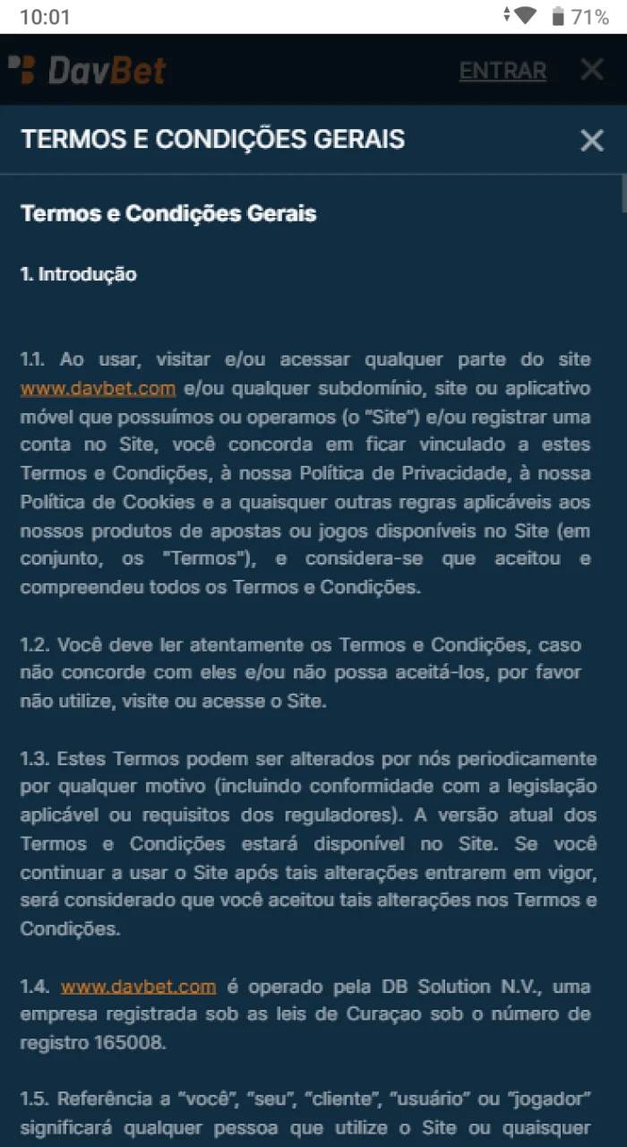 Antes de se registrar no site do cassino online DavBet, os usuarios devem ler os regulamentos.