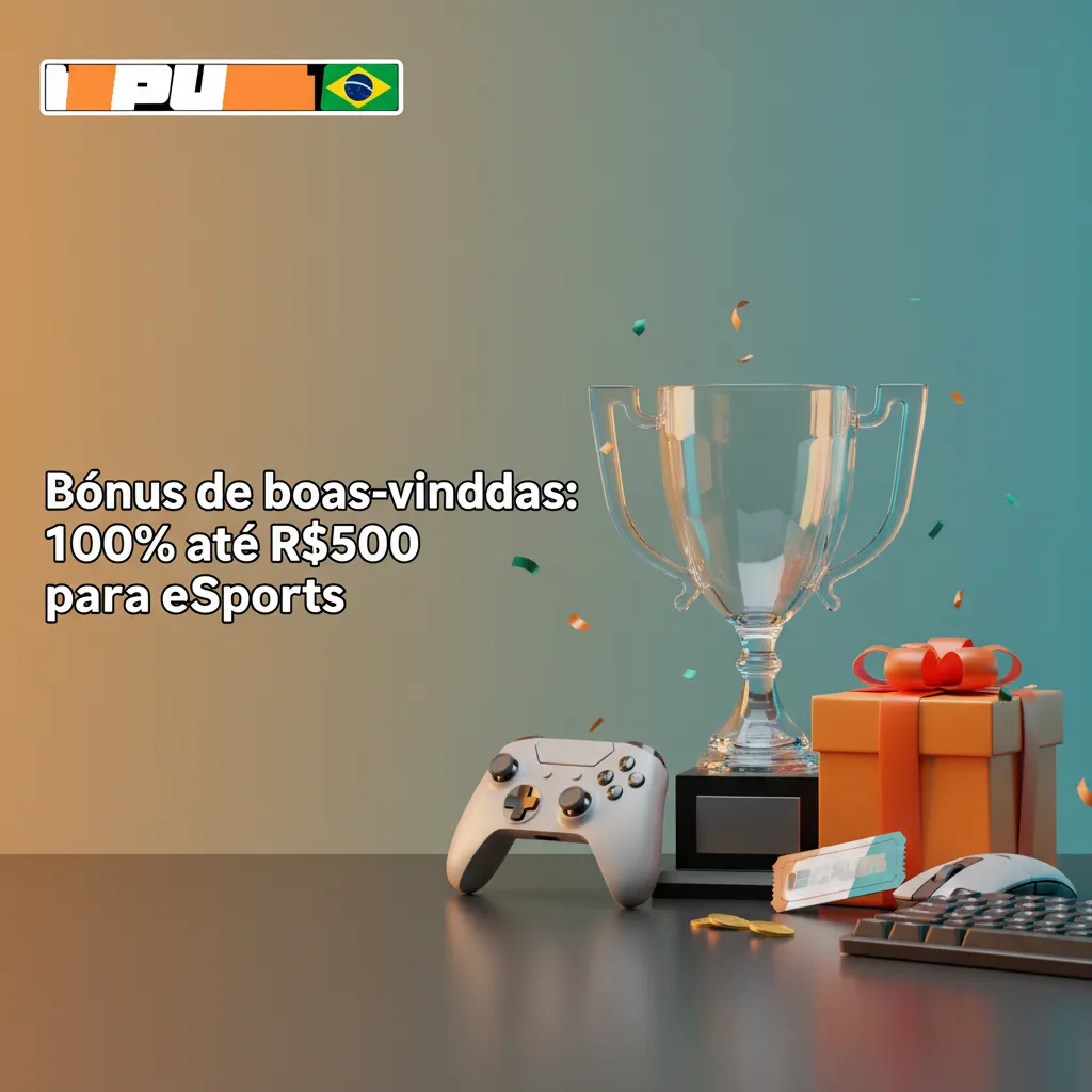 Banner do bônus de boas-vindas eSports: 100% até R$500, com etapas para ativar e opção de depósito via Pix.