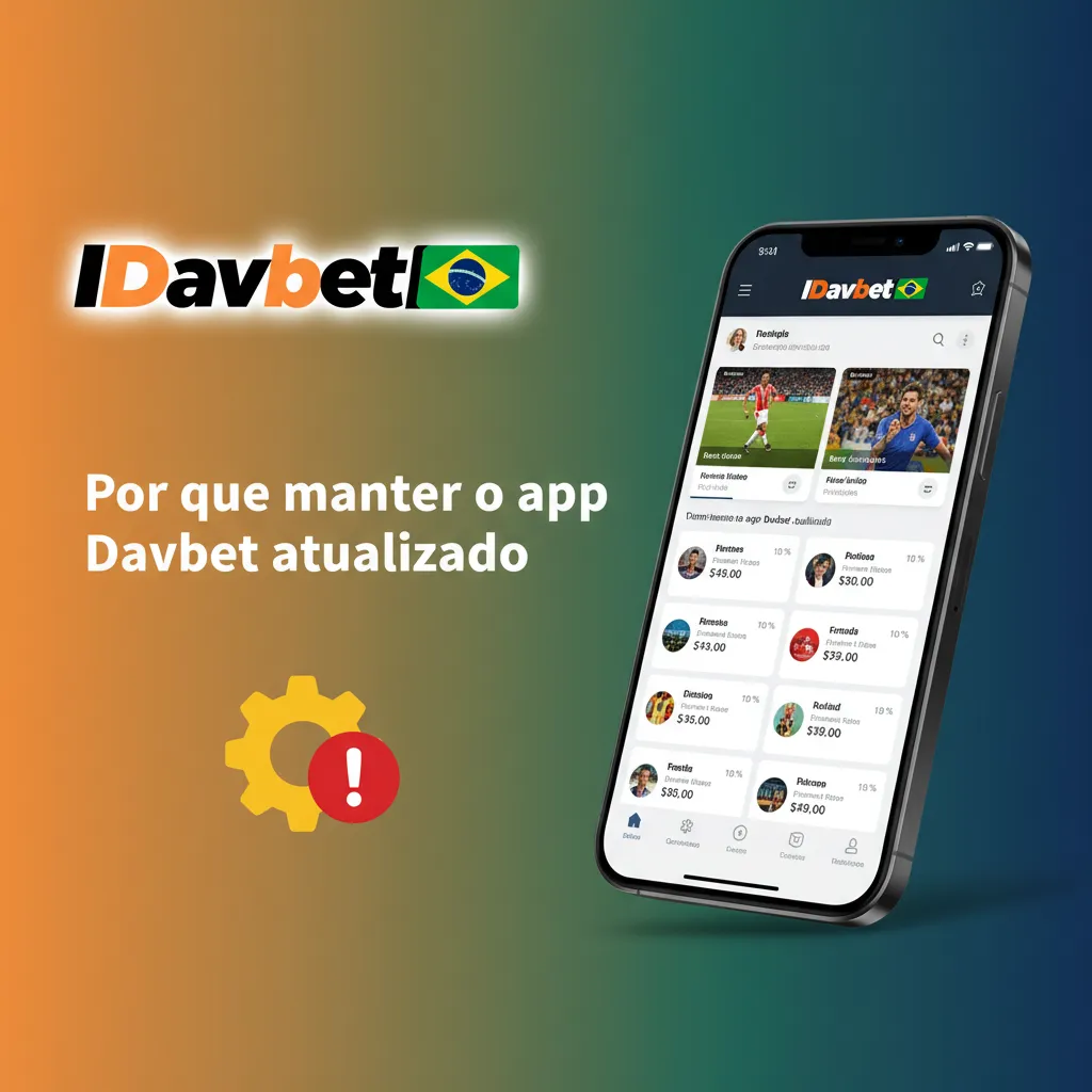 Smartphone com ícone de atualização, escudo, relâmpago e selo ao vivo, promovendo manter o app Davbet atualizado.