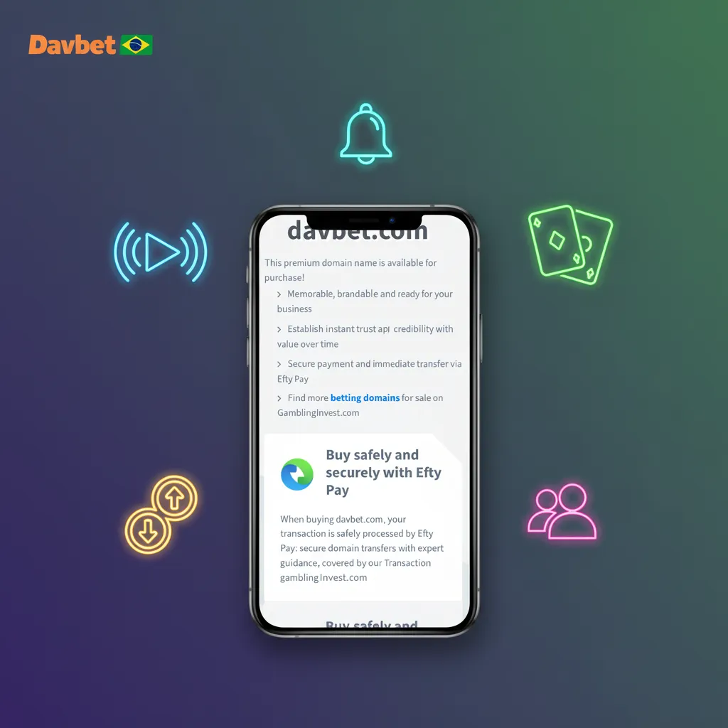 Tela do app Davbet no iPhone destacando Pix, saldo em BRL, bônus, apostas ao vivo, cassino, suporte 24/7 e segurança HTTPS.