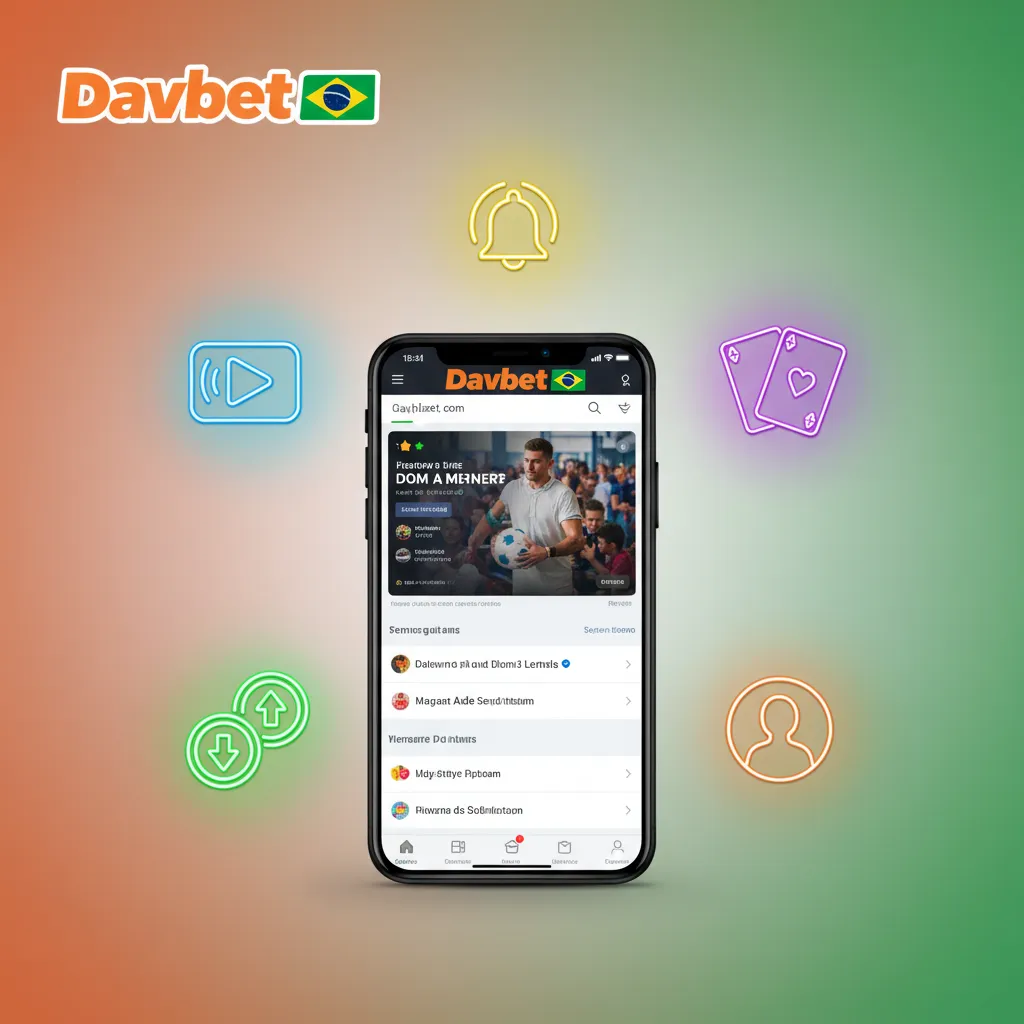 Tela do app Davbet com apostas ao vivo, cassino, odds rápidas, PIX instantâneo, saques priorizados e perfil com histórico.